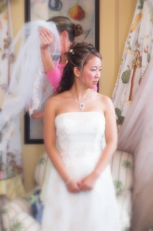 Bride waiting by a window as her veil is arranged